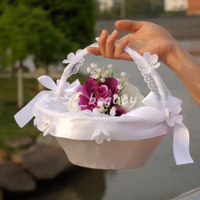 흰색 우아한 꽃 소녀 바구니 아름 다운 라운드 실크 결혼식 호의 액세서리 H5626