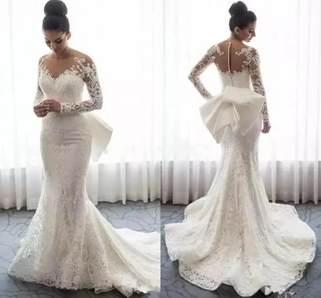 Robes de mariée en dentelle sirène pure bijou cou manches longues illusion robes de mariée grand arc ceinture balayage train fermeture éclair dos robe de mariée