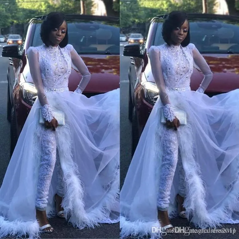 White Women Jumpsuit With Detachable Train High Neck Lace Appliqued Crystal Long Sleeve Prom Dress Luxury Feather Formal Evening Gowns 4273