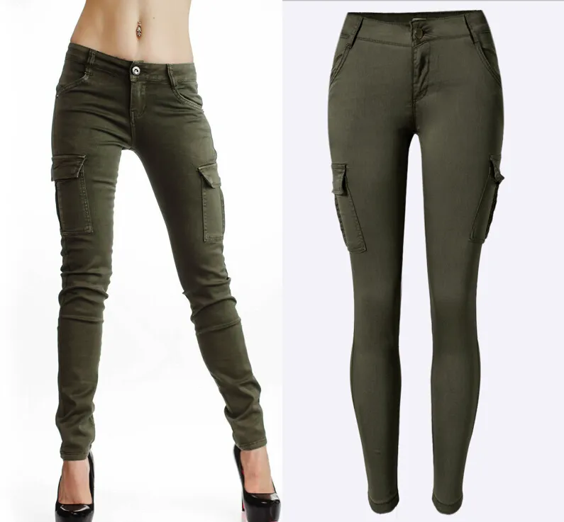 calças de brim verdes mulher estilo militar mediana Mulheres cintura do estiramento Pencil Jeans Moda Double Side Pockets Jeans Exército magro Femme