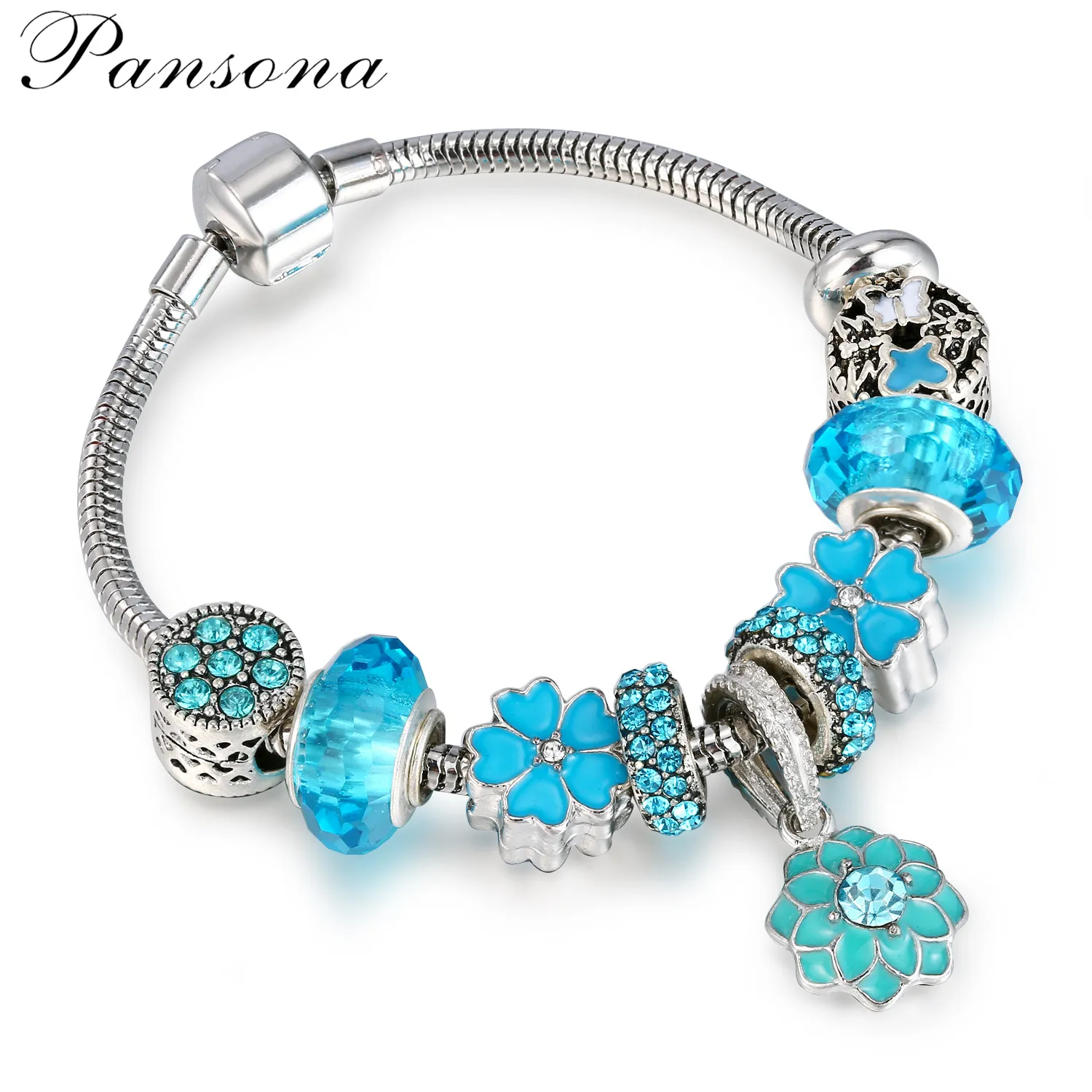 New Top Designer Jóias Mulheres Braceletes 925 Pulseira de Prata Esterlina Azul Cristal Pandora Estilo DIY Liga de Glass Beads AA128