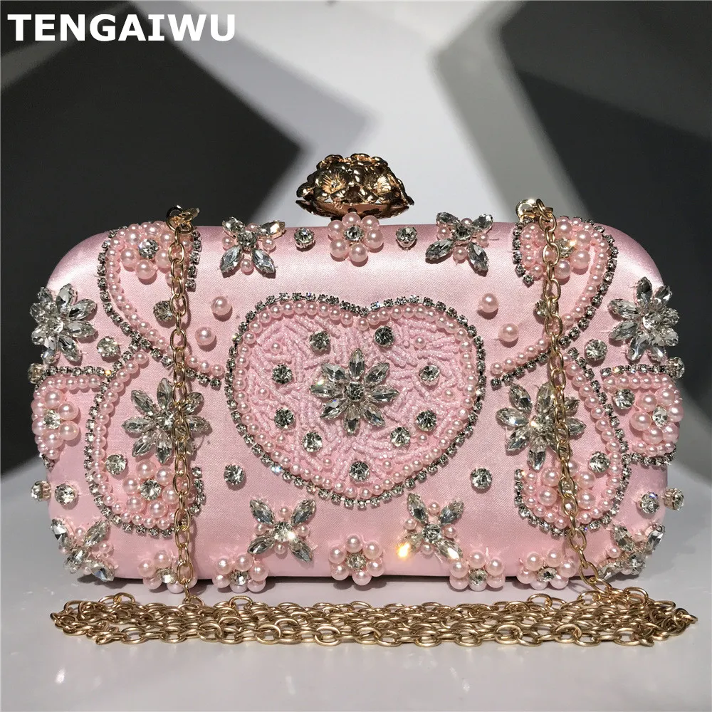 New Pink Beaded Clutch Women Evening Bags Heart Flower Wedding
