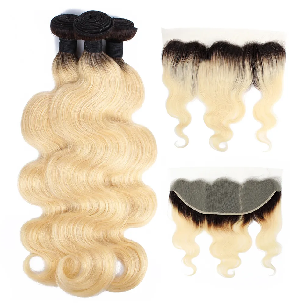 1b 613 Ombre blonda hårbuntar med frontal Peruvian Virgin Body Wave Hair 3 buntar med 4x13 Lace Frontal Remy Human Hair Extensions