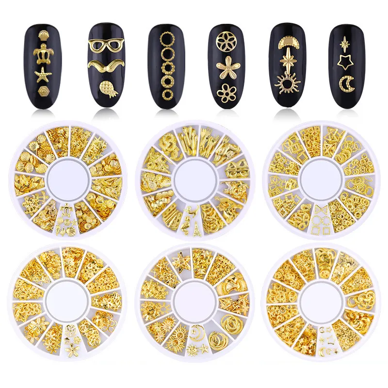 TAMAX NA008 Karışık Stil 3D Altın Metal Perçinler Nail Art Yuvarlak Kalp Dekorasyon Çivi Sticker Manikür Tırnak DIY Aksesuarları Tekerlek