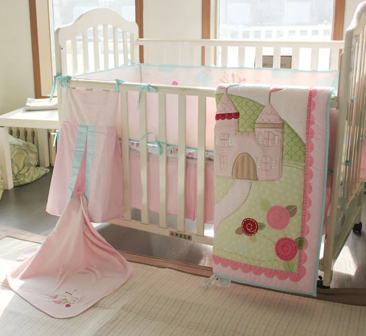 9Pcs Baby Girl Spanish Style Crib Bedding Set with Embroidered Birds Trees and Castles