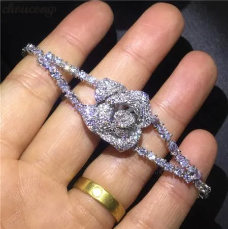 Pulsera choucong hecha a mano con flores para amantes, Micro pavé 5A cz, pulseras rellenas de oro blanco para fiesta y boda, regalo de joyería para mujer