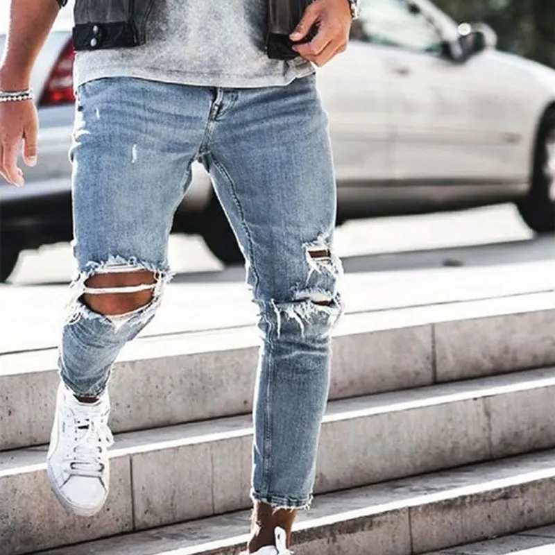 Vertvie Hommes Déchiré Jeans Casual Skinny Jean Détruit Trou Slim Fit Denim Pantalon Mâle Cheville Élastique Denim Jean Pantalon Streetwear283M