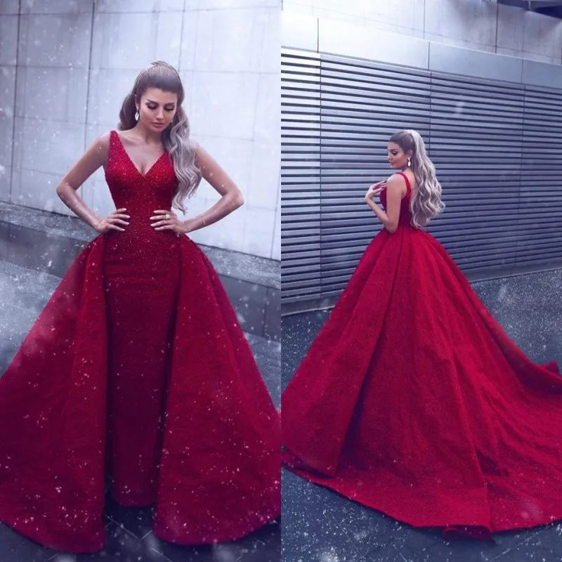 Impressionante 2019 vestido de noite longo com trem destacável decote em v sereia brilhante vinho tinto prom vestidos de tubo