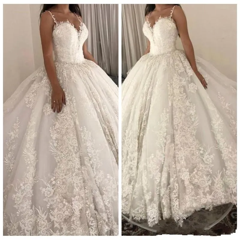 2019 Novo Sexy Sexy Ball Ball Vestidos de Noiva Vestidos Deep V Neck Spaghetti Lace Appliques Sem Mangas Open Back Plus Size Vestidos Noiva Formal