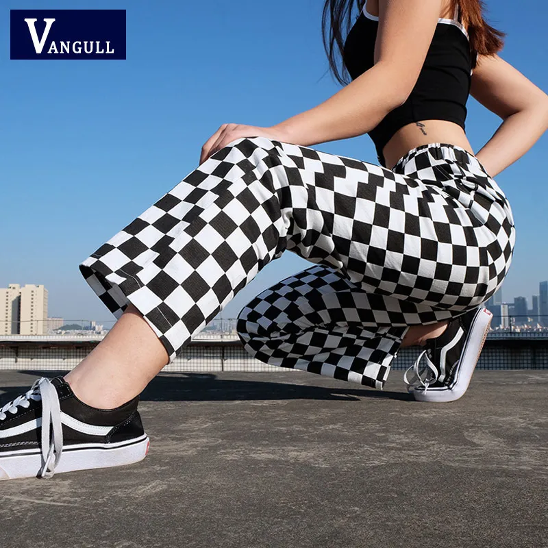 Vangull Plaid 바지 Womens 높은 허리 체크 무늬 스트레이트 느슨한 땀 바지 캐주얼 패션 바지 Pantalon Femme Sweatpants MX190716