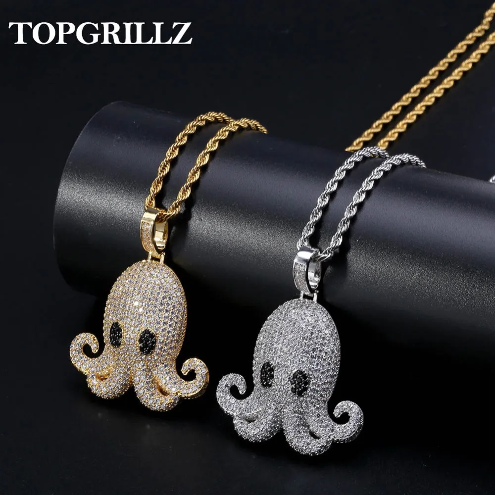 TOPGRILLZ Animal Octopus Pendant Necklace Men Iced Out Cubic Zircon Chains Hip Hop/Punk Gold Silver Color Charms Jewelry Gift
