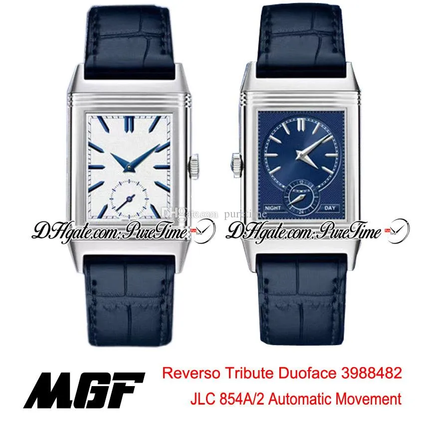 MGF Reverso Tribute Duoface 398258J JLC 854A / 2 ساعة أوتوماتيكية للرجال بعلبة فولاذية ومينا أبيض وأزرق وسوار جلدي أسود جديد Puretime 01e5