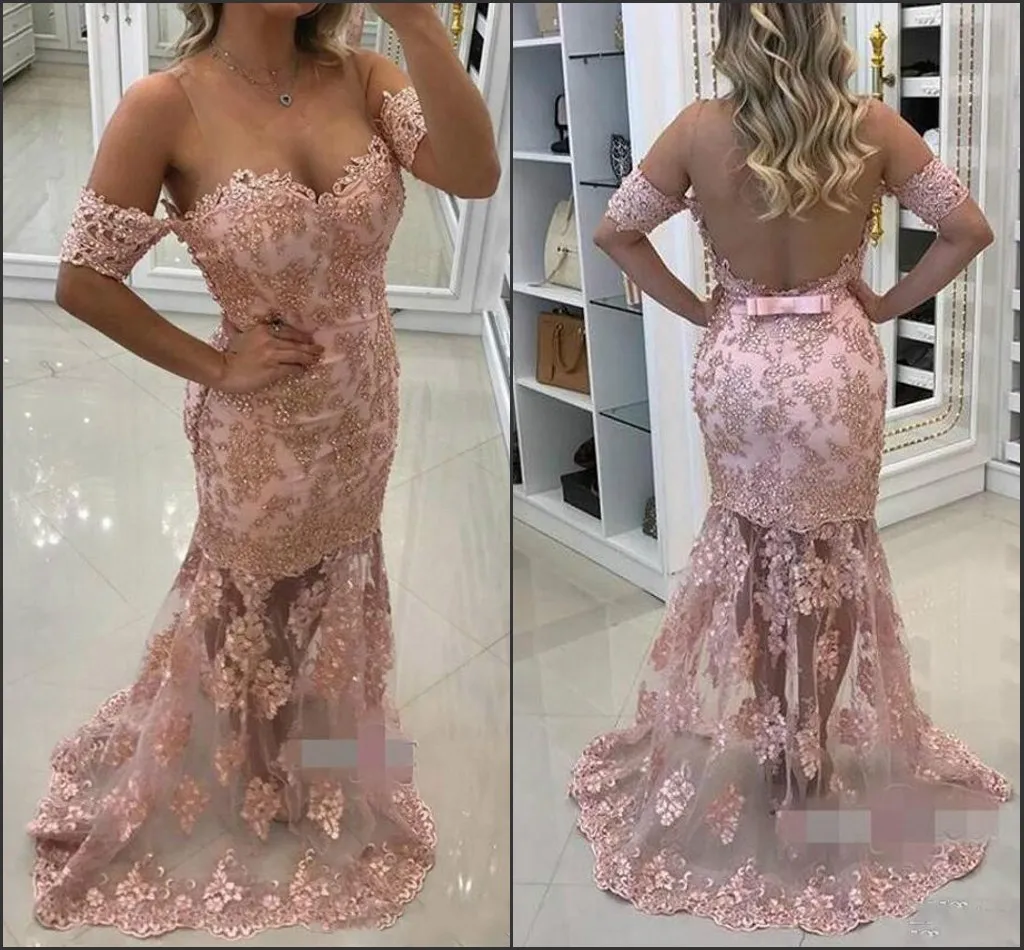 Abiti da sera arabi con perline a sirena sexy Sheer 2019 Abiti da festa applique con spalle scoperte africane Abiti da ballo Robe De Soiree formali Abiti da spettacolo