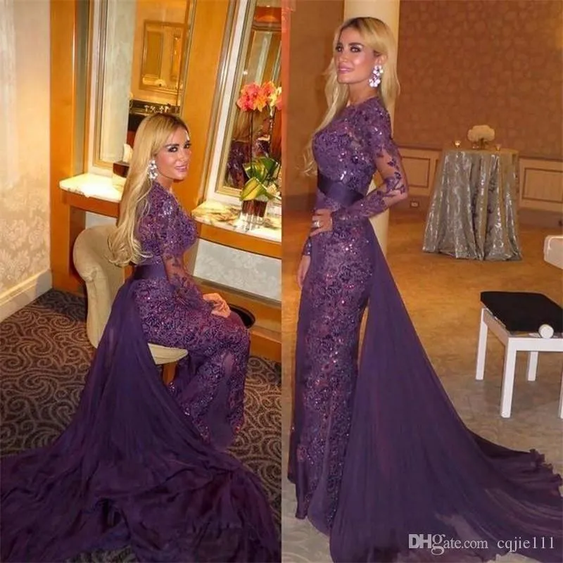 2024 Purple Full Lace Beads Long Sleeves Evening Dresses Arabic Muslim Evening Gowns with Detachable Train Sheer Long Prom Dresses Formal 97