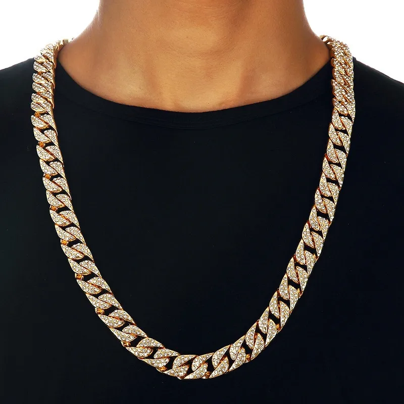 Miami Curb Chain Chain Colar para Homens Gold Silver Hip Hop Gelado Fora Pavimentado Rhinestones CZ Rapper Colar Jóias