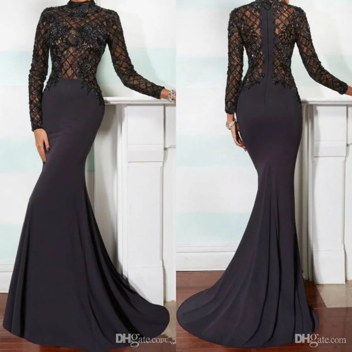 Elegant Mermaid Mother of the Bride Dresses High Neck Long Sleeve Lace Applique Black Beads Crystals Chapel Train Evening Gowns