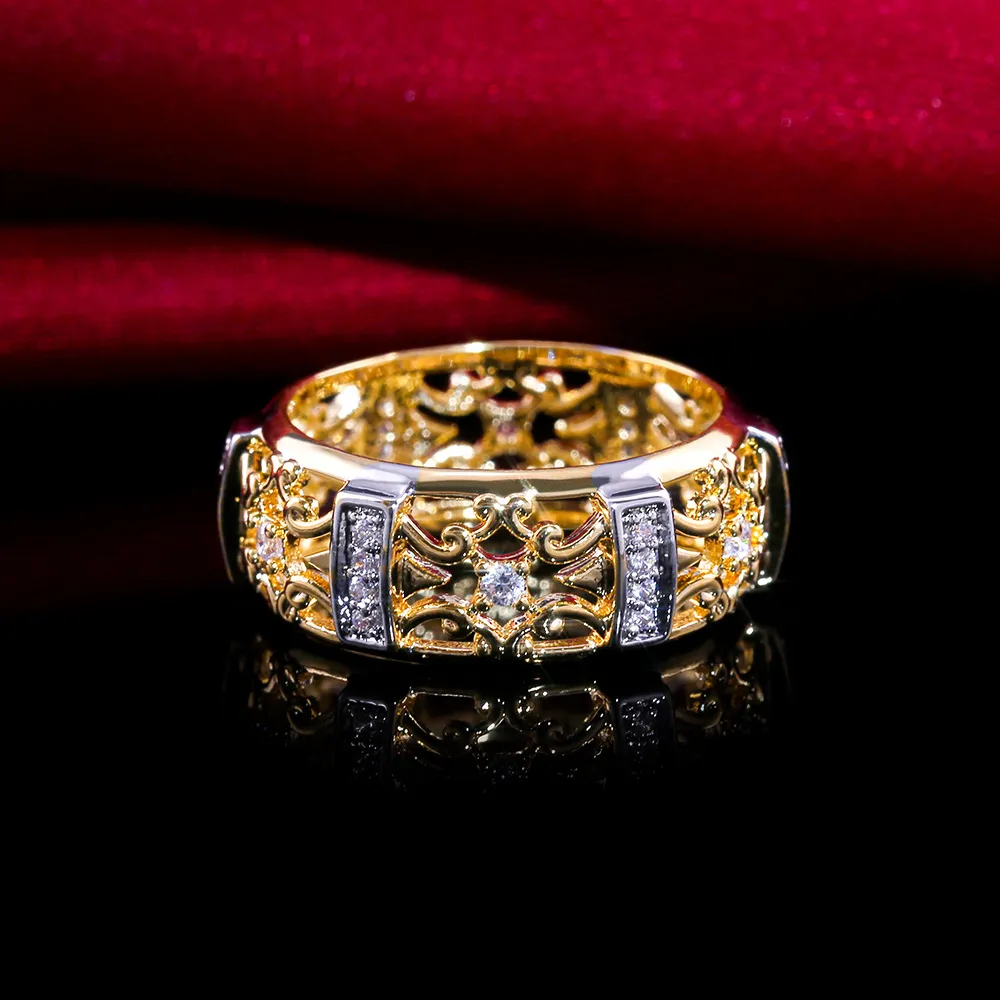 Anillos de dedo con patrón de flor hueca de marca de diseño al por mayor para hombres, mujeres, lujo, plata, oro, dos tonos, anillos de boda CZ llenos