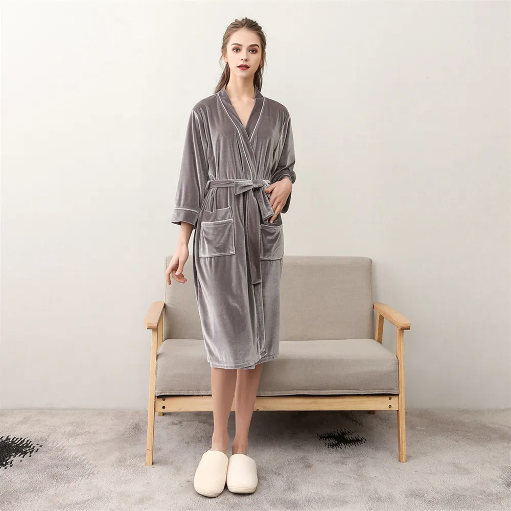 Women Casual Kimono Bathrobe Navy Blue Autumn Winter Flannel Long Robe Thick Warm Sleepwear Plus Size 3XL Nightgown Male Casual Home Wear