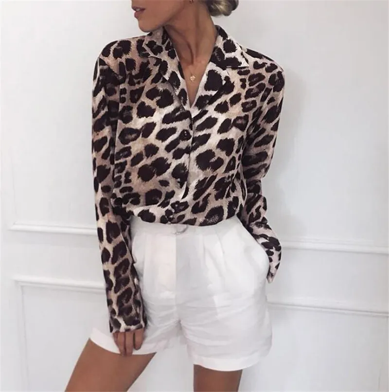 Nuova stampa del leopardo Tops camicetta di chiffon per le donne lunghe Animal manica Stampa camicia elegante signore dell'ufficio tunica camicette Plus Size