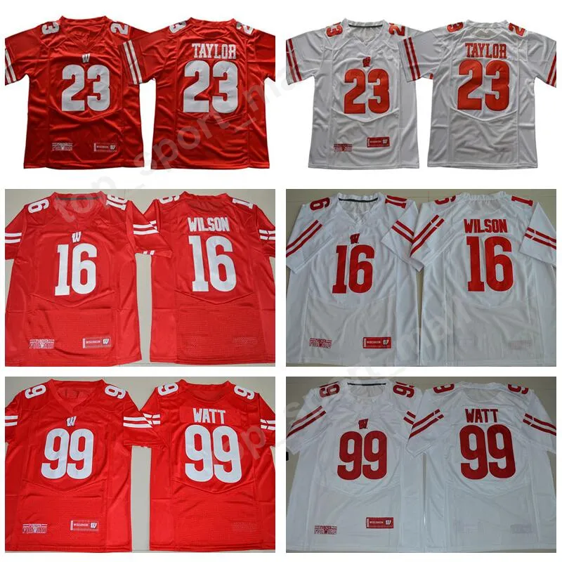 Mens NCAA Wisconsin Badgers Jonathan Taylor Jersey 16 Russell Wilson 99 JJ Watt College Football Red White University Jerseys Stiched