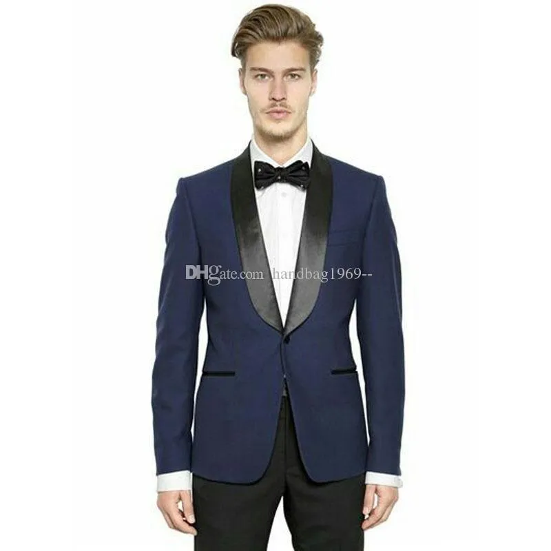 Wysokiej jakości jeden przycisk Navy Blue Groom Tuxedos Szal Lapel Groomsmen Mens Garnitury Ślub / Prom / Dinner Blazer (Kurtka + Spodnie + Krawat) K362
