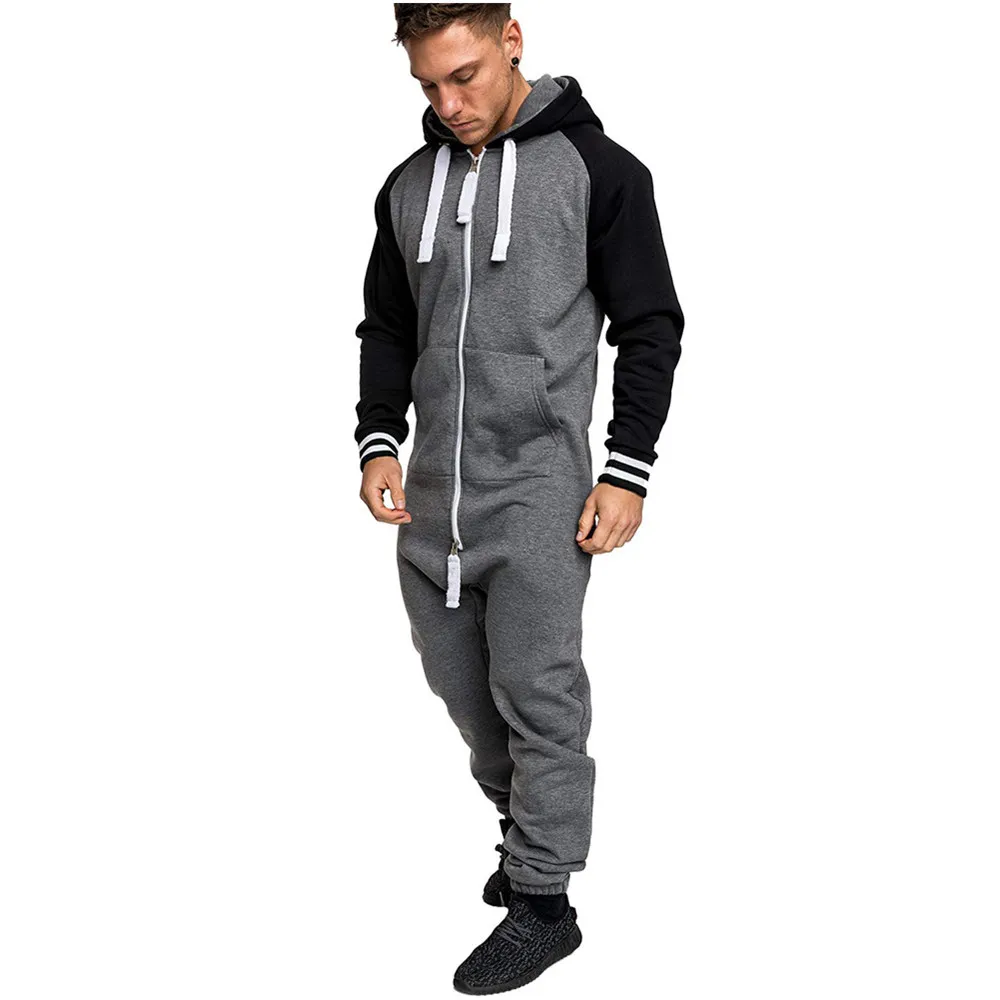 Mens Jumpsuit sömmar plus sammet spårdräkt huva pullover tröja sport kostym träning gym fitness träning löpning set