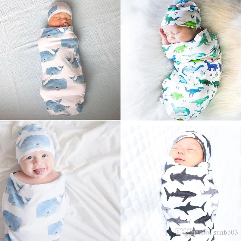 Ins Infant Baby Swaddle Cartoon Sleeping Bags Baby Boys Girls Muslin Blanket + Hat 2pcs Set Newborn Baby Soft Cotton Cocoon Sleep Sack A535