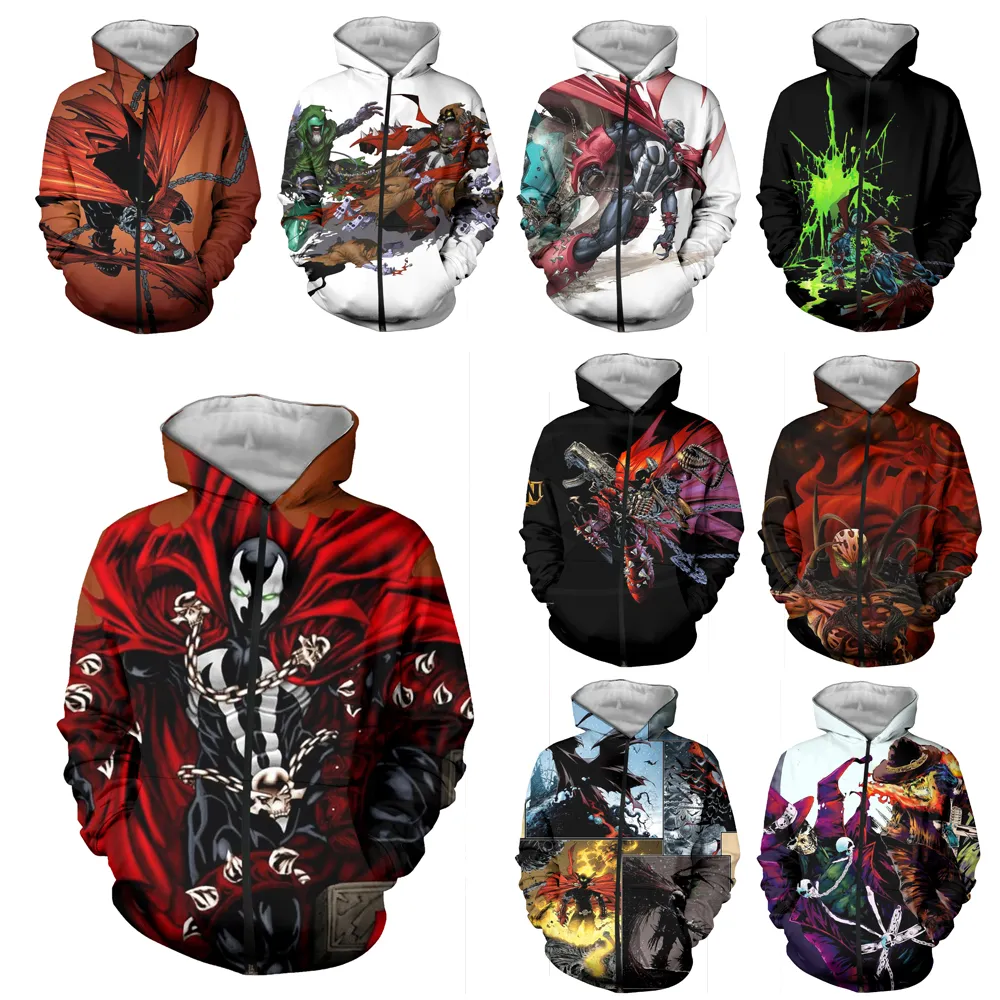 LIASOSO New Men Women Jim Downing Anime Sweatshirt 3D Print Movie Spawn Zipper Hoodies Hip Hop Street Top O Neck Coat A312-11