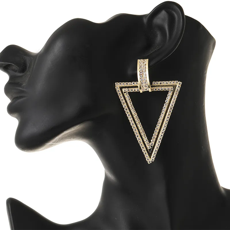 Nieuwe trendy modeontwerper overdreven Diamond Rhinestone Bohemia geometrische driehoekige studieroorbellen voor vrouwen goud 446