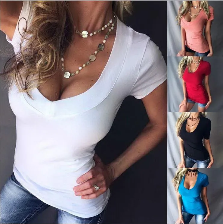Moda Seksi Kadınlar Tişörtlü Derin V yaka Kısa Kollu Tee Gömlek Katı Renk Slim Fit Moda Tops