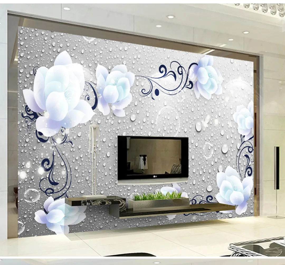 Custom Wallpaper 3D Blue Peony Pattern 3D Water Drops Living Room Bedroom Background Wall Decoration Mural Wallpaper