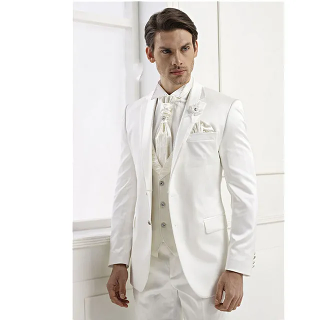 Fashion Groom Tuxedos White Slim Fit Mens Wedding Tuxedos Peak Lapel Man Jacket Blazer Popular 3 Piece Suit(Jacket+Pants+Vest+Tie) 1696