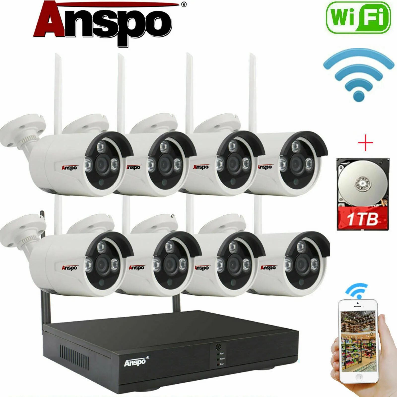 ANSPO 8CH Trådlös säkerhetskamera System WIFI Kamera Kit IR-Cut Night Vision CCTV Home Surveillance NVR med 1TB hårddisk