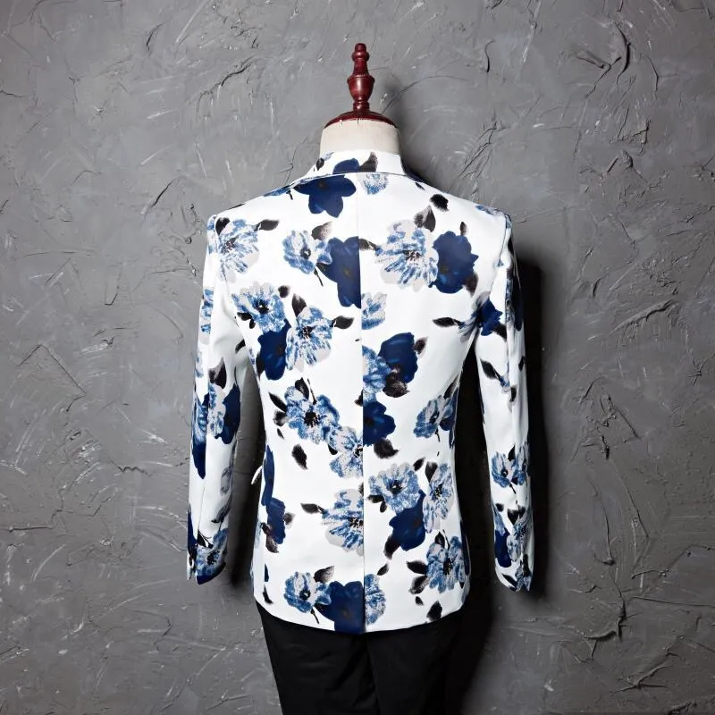 Stylish Blue Floral Print White Blazer Men 2019 Brand One Button Slim Wedding Party Festival Mens Blazer Jacket Costume Homme