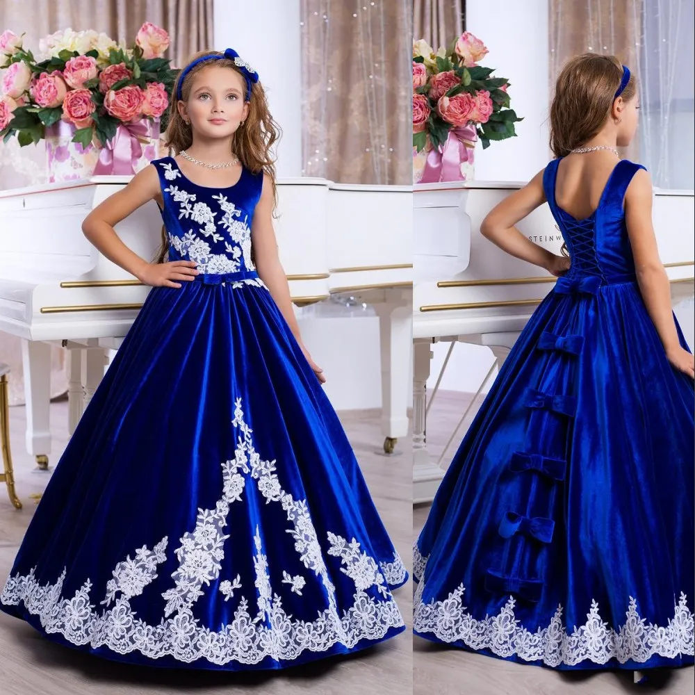 New Hot reais de veludo azul Floristas Vestidos para casamentos vestido de baile branco do laço apliques o chão de aniversário das crianças menina Pageant Vestidos