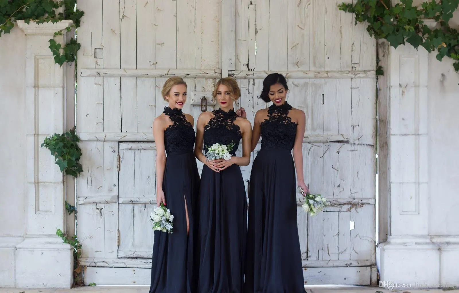 Custom-made 2019 Black High Neck A-Line long Black bridesmaid dresses with Applique Detailing for Spring/Summer Formal Weddings, Parties, and Guests -