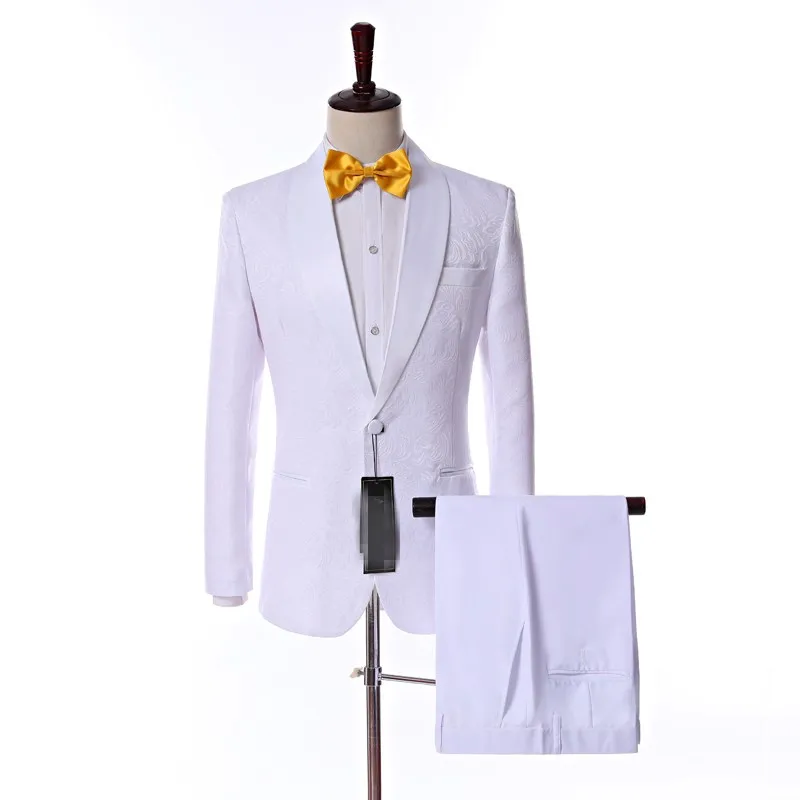 Yeni Gelenler Tek Düğme Beyaz Paisley Damat Smokin Şal Yaka Groomsmen Best Adam Parti Erkek Düğün Takımları (Ceket + Pantolon + Kravat) K4