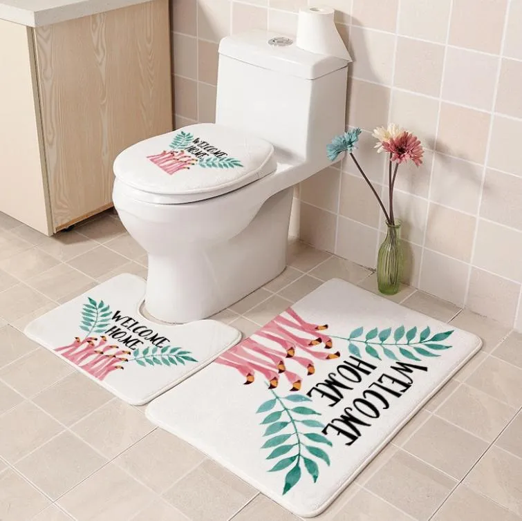 Imprimés toilettes trois pièces ensembles de couverture de toilette tapis de sol salle flamingo littéraire antidérapante ensemble 3 pièces cadeau anneau de toilette tricoté Cust