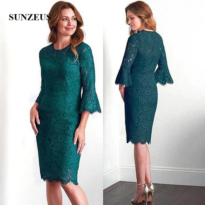 Vintage Green Lace Mother Of The Bride Dress Knee Length Sheath Groom Mother Gowns 3/4 Long