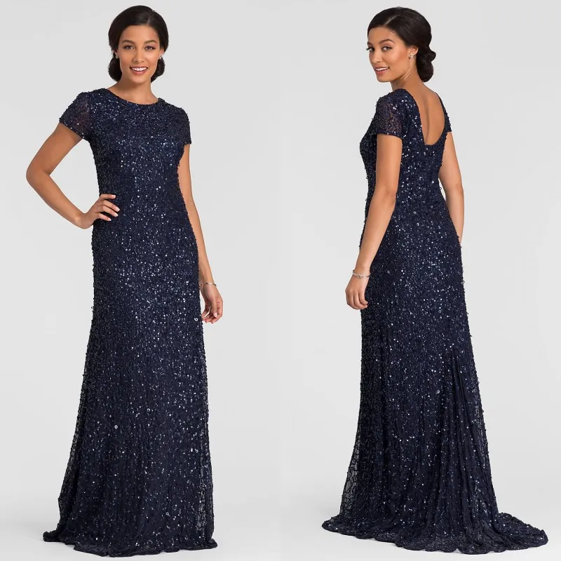 Enkel Kortärmad Mamma Brudklänningar Sequin Lace Sweep Tail Afton Dress Jewel Neckline kändisar