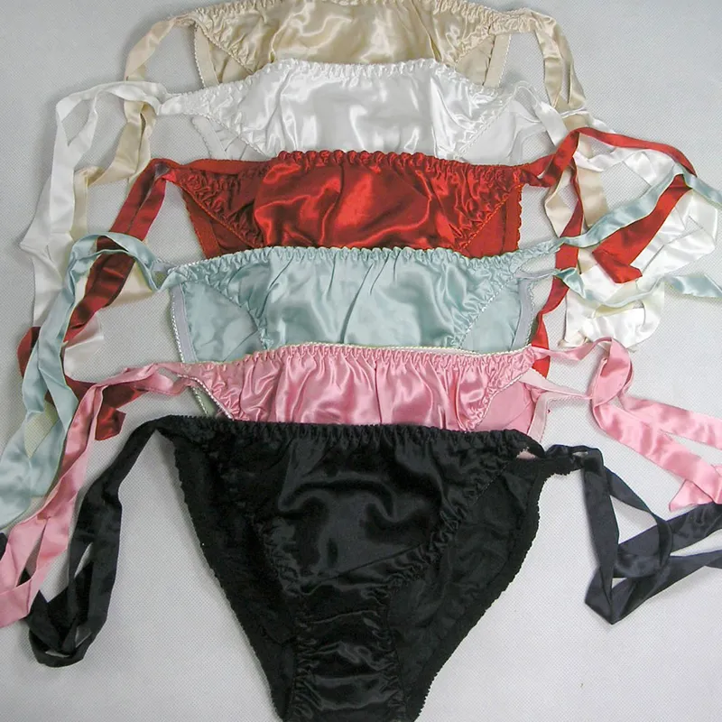 Kvinnor Side Tie String Bikini Panties 100% Ren Silk 6 Par i En Ekonomisk Pack Solid En Storlek