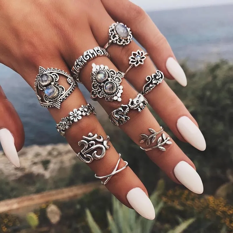 Antique Silver Knuckle Ring Set Elephant Flower Crown Rings Stacking Rings women Midi Rings fashion jewelry set Will and Sandy gift