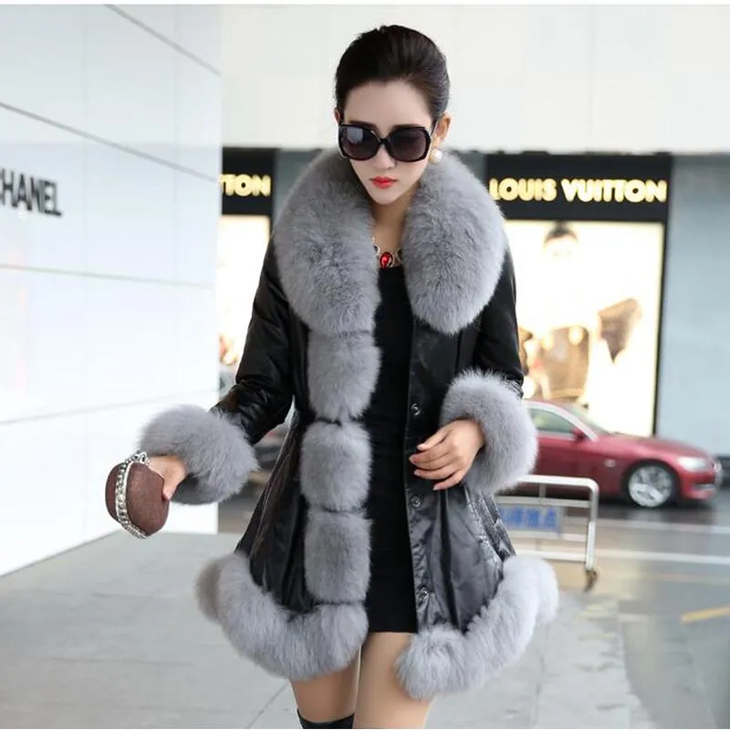 Female Sheepskin Coats High Quality Faux Fur Pure Color Fox Collars Snap Fastener Furs Big Yards Slim Winter Coat Z0359
