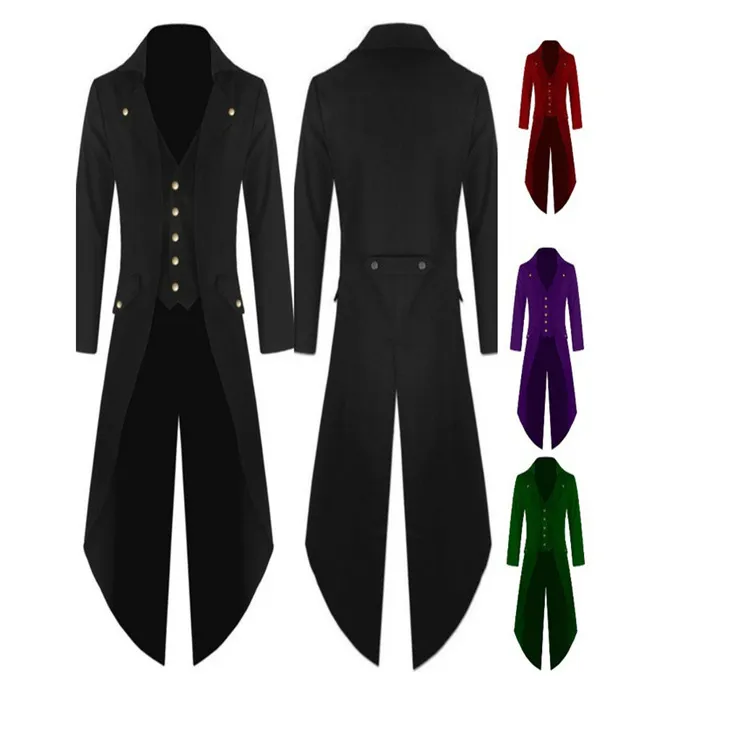 Mäns Trench Coat New Fashion Steampunk Vintage Tailcoat Jacket Gothic Frock Coat Mäns endabröst lätta långa