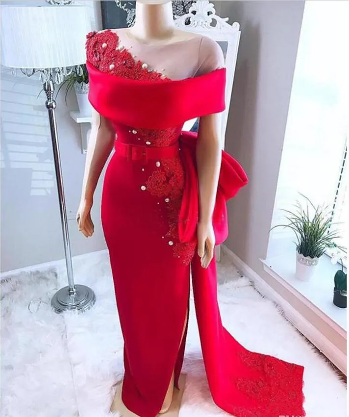 Suudi Arapça Kırmızı Gelinlik Modelleri Sheer Boyun Yay Ile Tren Boncuklu İnciler Mermaid Abiye giyim Saten Yan Bölünmüş Afrika Örgün Parti Elbise