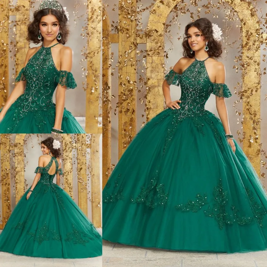 Hunter Perlenballkleid Quinceanera-Kleider, schulterfrei, Neckholder, Applikationen, Sweet-16-Kleid, Tüll, Sweep-Zug, Pailletten-Maskerade-Kleider