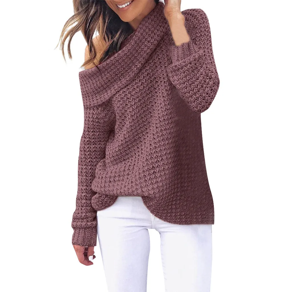 Jaycosin Clothes Winter Women Shoulder Long Sleeve Party Knitting Pullover Sweater Fashion Solid Color Casual Sweater Dress