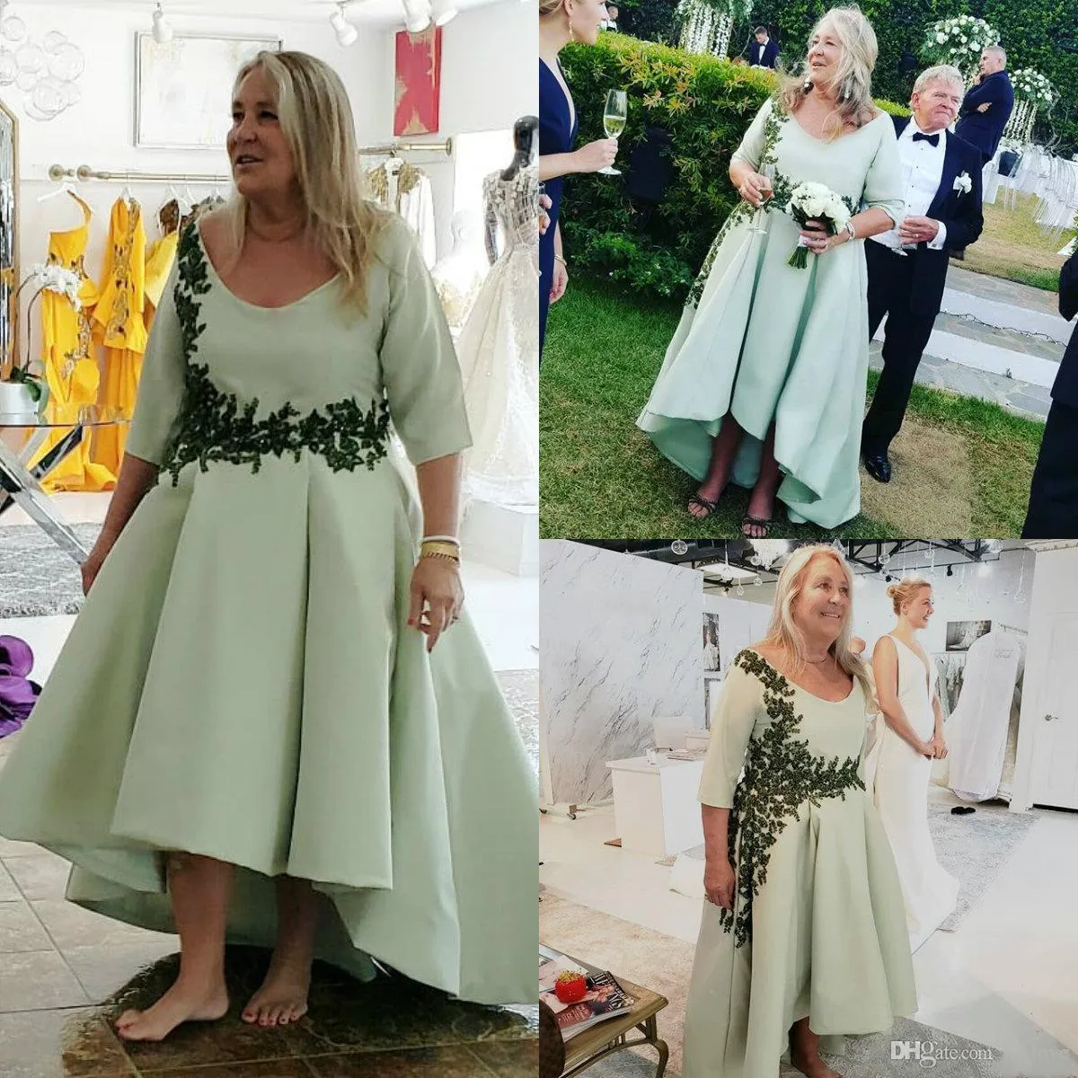 High Low Lace Applique Satin Mother Of The Bride Groom Green Wedding Guest Dress With Half Sleeves And Scoop Neckline Perfect For Wedding Parties Proms And Evening Events From Magic gown 107.64 DHgate...