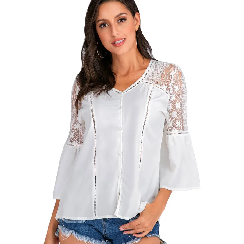 Dentelle Patchwork chemise blanche femmes hauts et chemisiers col rabattu à manches longues en mousseline de soie Blouse femmes somme