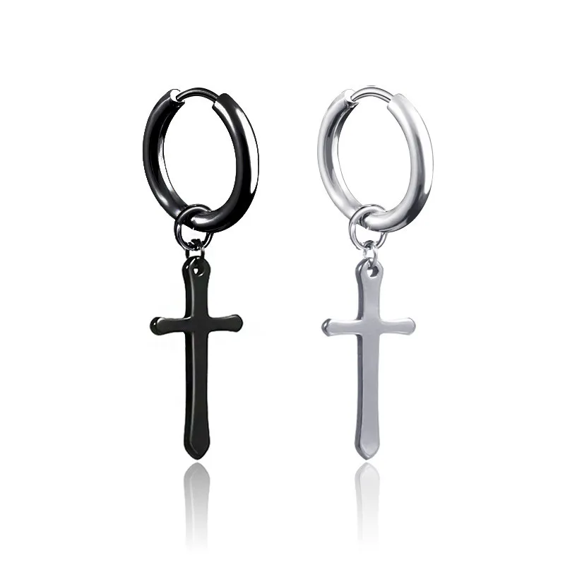 Cross Sier Negro de acero inoxidable de acero inoxidable Cross Pendientes de aro en la oreja colgando para mujeres Hip Hop Hop Fashion Jewelry Will and Sandy 460